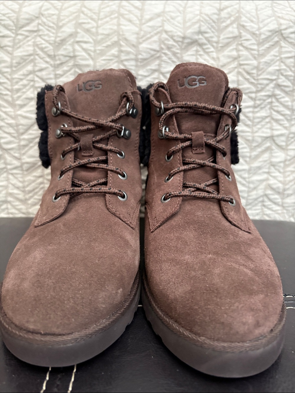 UGG women’s Chocolate Brown Suede Lace-Up Ankle Boots with Shearling Cuff - Picture 2 of 5